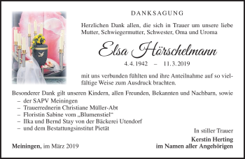 Traueranzeige von Elsa Hörschelmann von Südthüringer Presse