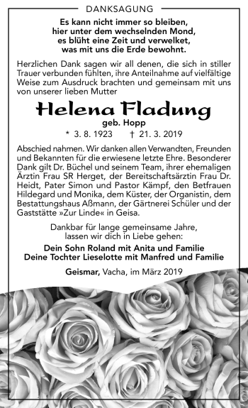 Traueranzeige von Helena Fladung von Südthüringer Presse