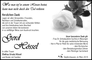 Traueranzeige von Gerd Hössel von Südthüringer Presse