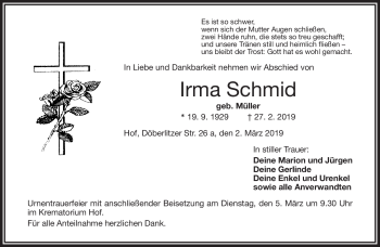 Traueranzeige von Irma Schmid von Frankenpost