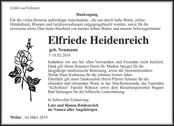 Traueranzeige von Elfriede Heidenreich von Südthüringer Presse