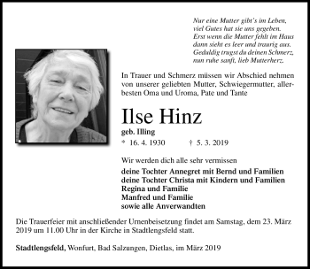 Traueranzeige von Ilse Hinz von Südthüringer Presse