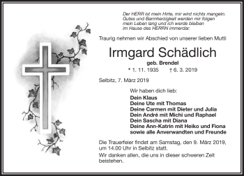 Traueranzeige von Irmgard Schädlich von Frankenpost