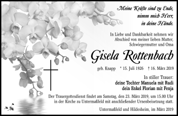 Traueranzeige von Gisela Rottenbach von Südthüringer Presse