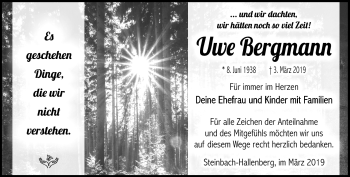 Traueranzeige von Uwe Bergmann von Südthüringer Presse
