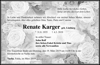 Traueranzeige von Renate Karger von Südthüringer Presse