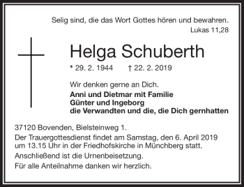 Traueranzeige von He3lga Schuberth von Frankenpost