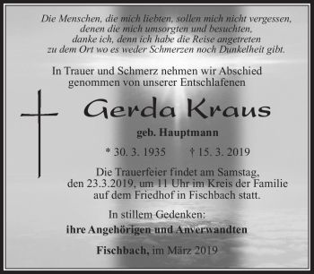 Traueranzeige von Gerda Kraus von Südthüringer Presse