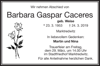 Traueranzeige von Barbara Gaspar Caceres von Frankenpost