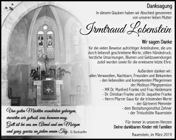 Traueranzeige von Irmtraud Lobenstein von Südthüringer Presse