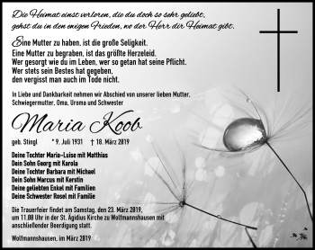 Traueranzeige von Maria Koob von Südthüringer Presse