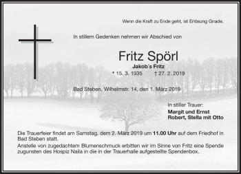 Traueranzeige von Fritz Spörl von Frankenpost