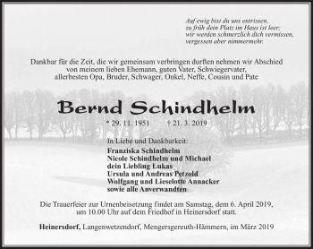 Traueranzeige von Bernd Schindhelm von Südthüringer Presse