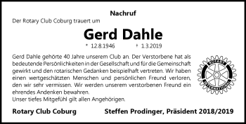 Traueranzeige von Gerd Dahle von Neue Presse Coburg