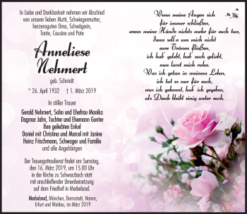 Traueranzeige von Anneliese Nehmert von Südthüringer Presse