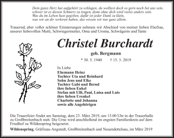 Traueranzeige von Christel Burchardt von Südthüringer Presse