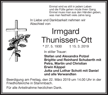 Traueranzeige von Irmgard Thunissen-Ott von Frankenpost
