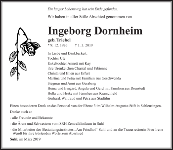 Traueranzeige von Ingeborg Dornheim von Südthüringer Presse