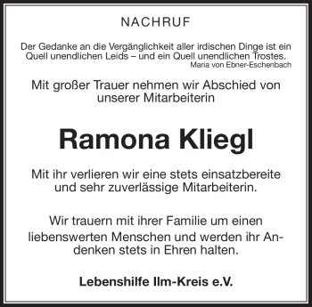 Traueranzeige von Ramona Kliegl von Südthüringer Presse