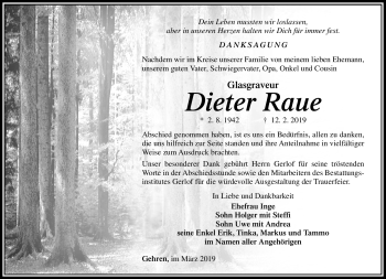 Traueranzeige von Dieter Raue von Südthüringer Presse