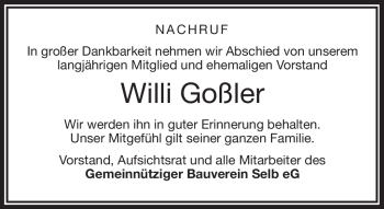 Traueranzeige von Willi Goßler von Frankenpost