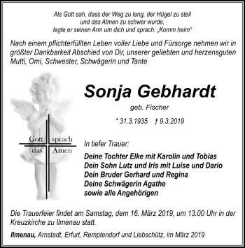 Traueranzeige von Sonja Gebhardt von Südthüringer Presse
