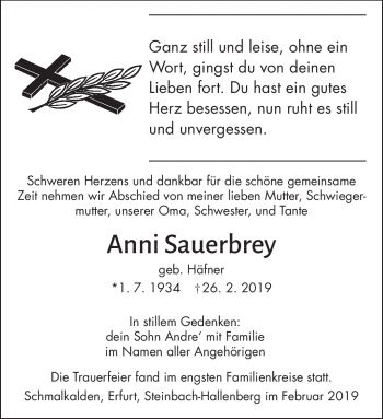 Traueranzeige von Anni Sauerbrey von Südthüringer Presse