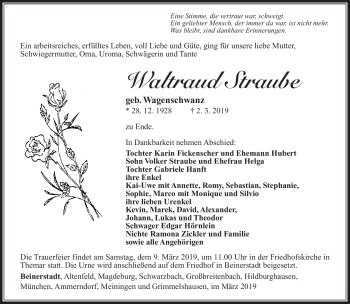 Traueranzeige von Waltraud Straube von Südthüringer Presse