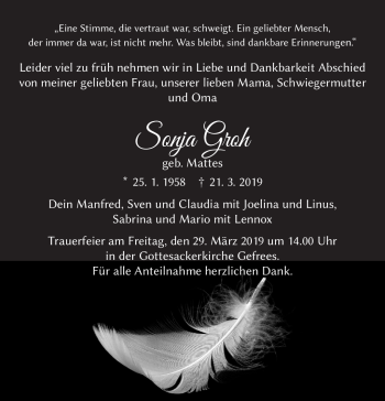 Traueranzeige von Sonja Groh von Frankenpost