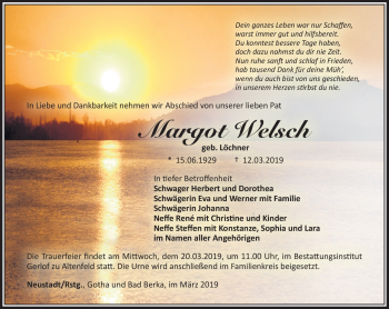 Traueranzeige von Margot Welsch von Südthüringer Presse