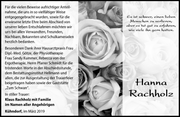Traueranzeige von Hanna Rachholz von Südthüringer Presse