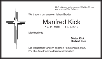 Traueranzeige von Manfred Kick von Frankenpost