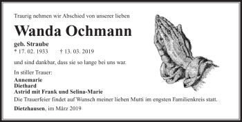 Traueranzeige von Wanda Ochmann von Südthüringer Presse