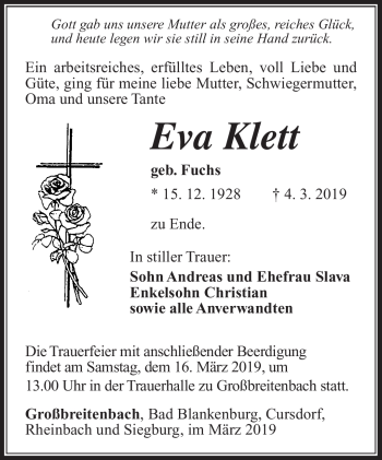 Traueranzeige von Eva Klett von Südthüringer Presse