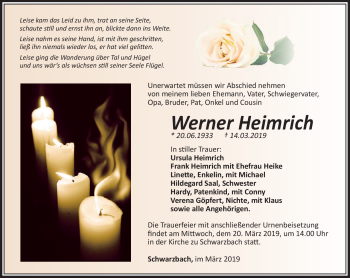 Traueranzeige von Werner Heimrich von Südthüringer Presse