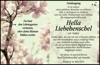 Traueranzeige von Hella Liebehenschel von Südthüringer Presse