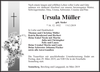 Traueranzeige von Ursula Müller von Südthüringer Presse