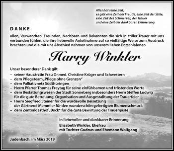Traueranzeige von Harry Winkler von Südthüringer Presse