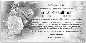 Traueranzeige von Erich Kieselbach von Südthüringer Presse