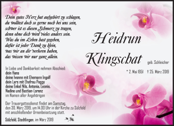 Traueranzeige von Heidrun Klingschat von Südthüringer Presse