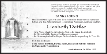 Traueranzeige von Liesbeth Dettke von Südthüringer Presse