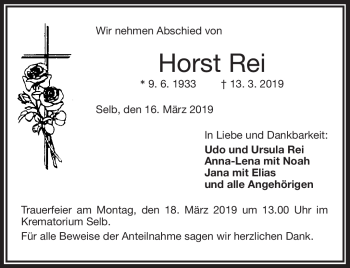 Traueranzeige von Horst Rei von Frankenpost