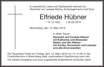 Traueranzeige von Elfriede Hübner von Frankenpost