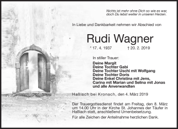 Traueranzeige von Rudi Wagner von Neue Presse Coburg