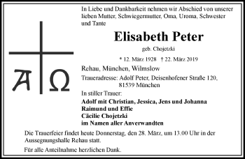Traueranzeige von Elisabeth Peter von Frankenpost
