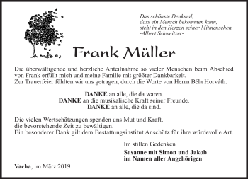 Traueranzeige von Frank Müller von Südthüringer Presse