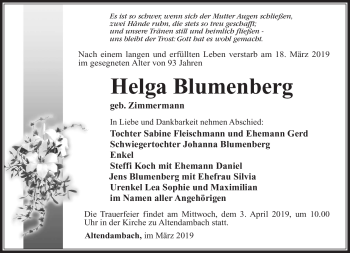 Traueranzeige von Helga Blumenberg von Südthüringer Presse