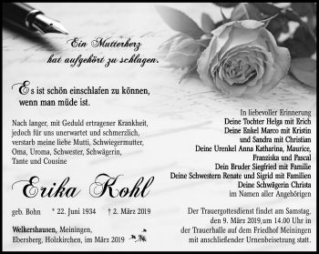 Traueranzeige von Erikal Kohl von Südthüringer Presse