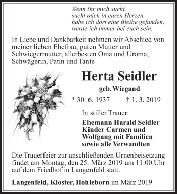 Traueranzeige von Herta Seidler von Südthüringer Presse