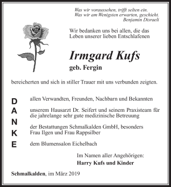 Traueranzeige von Irmgard Kufs von Südthüringer Presse